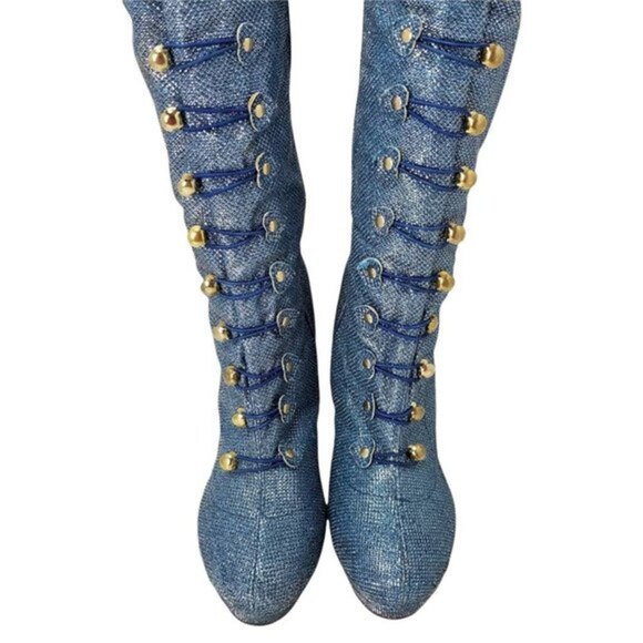 Ami Clubwear Metallic Blue Glitter Knee-High Platform Heel Boots Sparkle Size 9 - Picture 8 of 12